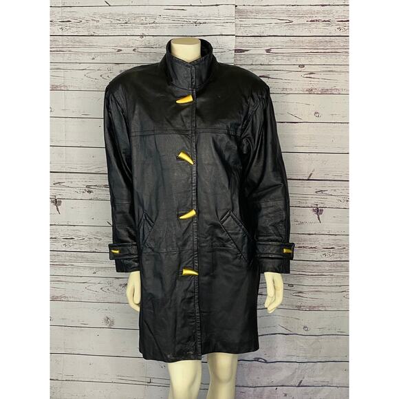 90s Worthington Butter Soft Black Leather Car Coat, Gold Claw button size Medium - Picture 2 of 13